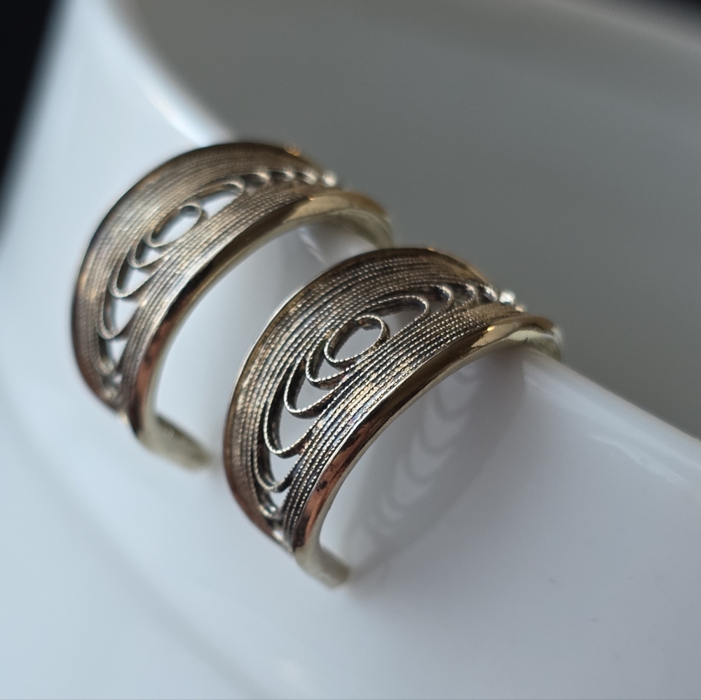 Vintage Filigree Hoop Earrings Spun Metal Swirl